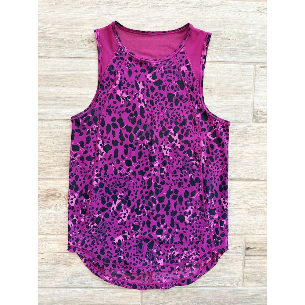 Lululemon Purple Leopard Print Tank Top M Open Back Mesh Running Athletic